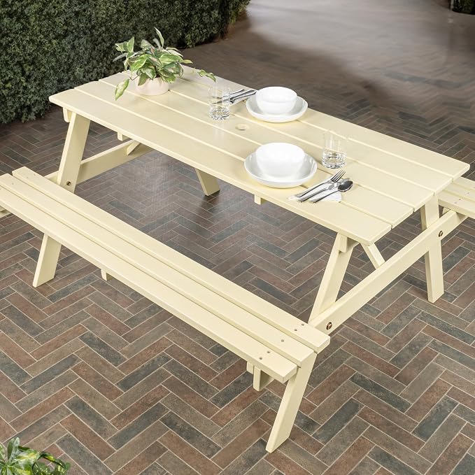 JONATHAN Y Shoreham 59" Eucalyptus Wood Outdoor Picnic Table with Benches for Patio, Rectangular Dining Set with 2" Umbrella Hole, Heavy Duty 700 lbs Capacity, Almond BNH200C
