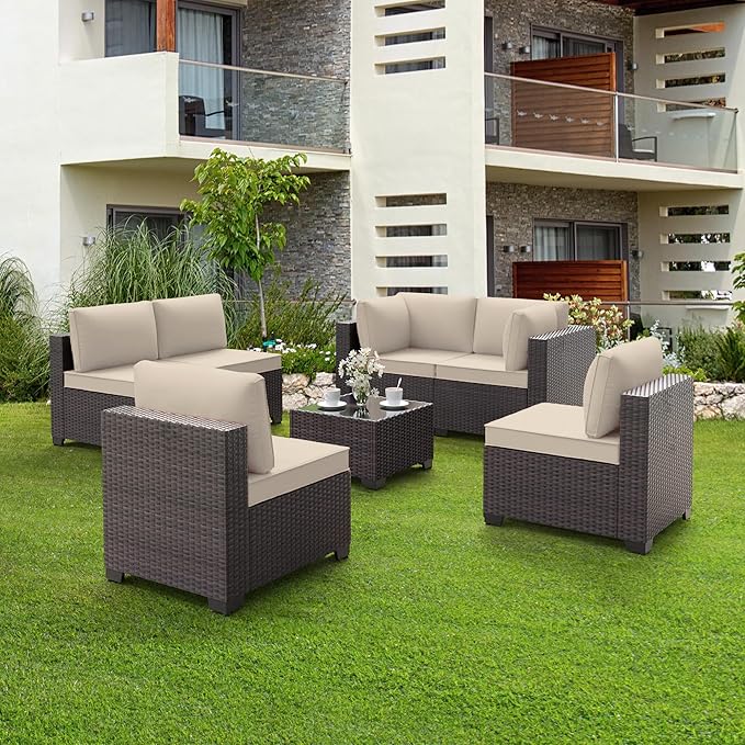 7 Pieces Outdoor Patio Furniture Set Wicker Sectional Sofa with Cushions & Tea Table Patio Rattan Conversation Chair Sofa Set Beige