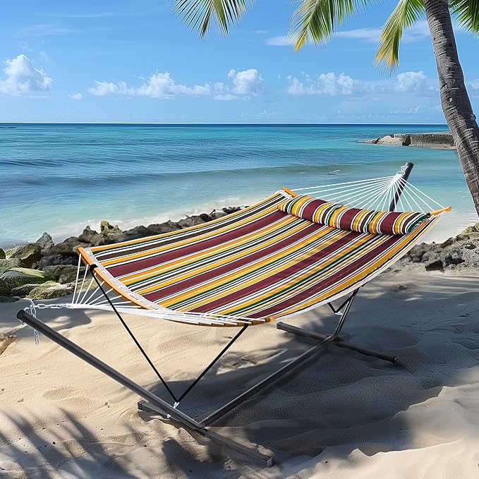 SUPERJARE Hammock with Stand, 2 Person Heavy Duty Hammock Frame, Detachable Pillow & Strong Curved-Bar & Portable Carrying Bag, Perfect for Outdoor & Indoor - Maple-Leaf Red