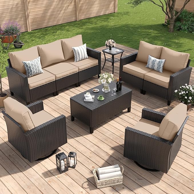 Amopatio Patio Furniture Set, 6-Piece Wicker Outdoor Sectional Sofa with Swivel Rocker Chairs, Rattan Conversation Set with Storage Coffee Table and Waterproof Cover for Backyard Black/Khak