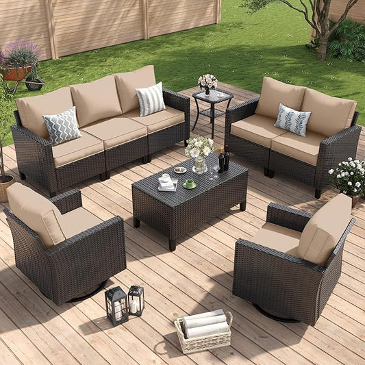 Amopatio Patio Furniture Set, Wicker Outdoor Sectional Sofa with Swivel Rocker Chairs, All-Weather Rattan Conversation Set, Storage Coffee Table, Waterproof Cover for Backyard,Deck Black/Khak 6 PCS