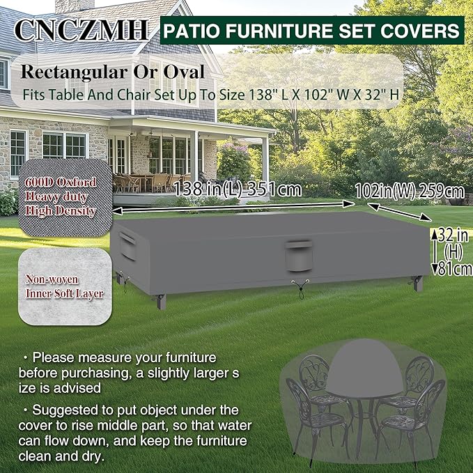 Heavy Duty Patio Furniture Covers Waterproof, 600D Outdoor Furniture Cover Waterproof for Sectional Sofa Couch, Outdoor Dining Table and Chair Set Covers 138''L x 102''W x 32''H, Grey