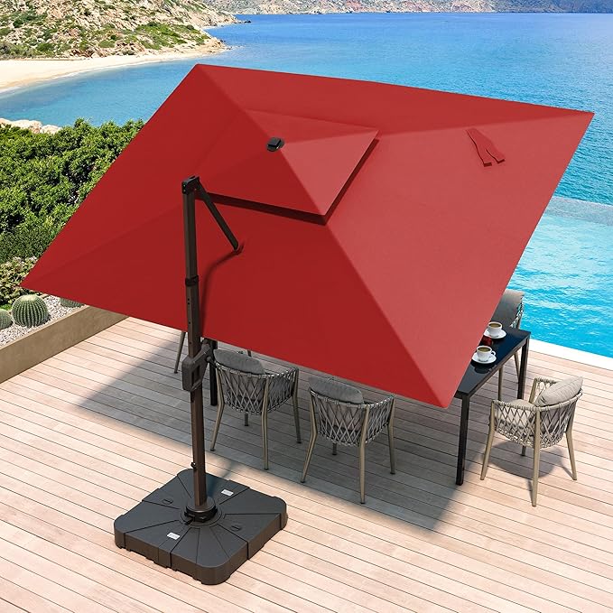 JZAC & QZYD 10X13 FT Outdoor Cantilever Patio Umbrella with Base Included and LED Lights, Large Heavy Duty 2-Tier Aluminum Offset Umbrellas with 360-Degree Rotation for Pool Deck, Red