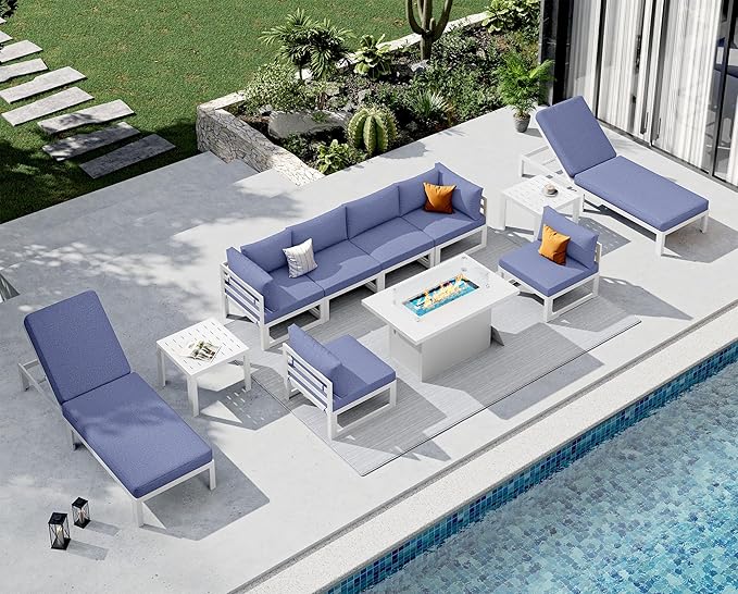 NICESOUL 11 Pcs Large Contemporary Aluminum Outdoor Furniture Set with Chaise Lounge & Fire Pit Table, 29" Deep Wide Couch Set, 500 lbs Heavy Duty Comfy Patio Sectional Sofa for Poolside, Denim Blue