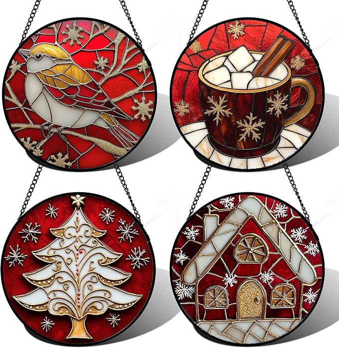 DASTOLL Stained Glass Window Hanging 4 Pcs Set Red Christmas Themed Decorations Large 15" - Suncatcher Door Garden Sun Catcher Decor Birthday New Year for Mom Woman Nana Men