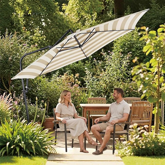 10FT Offset Patio Umbrella, Cantilever Hanging Umbrella with Infinite Tilt, Fade-Resistant Water-Repellent Canopy & Cross Base for Yard, Garden & Deck