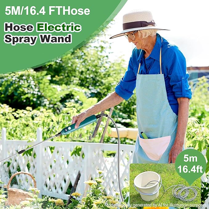 Battery Powered Sprayer Wand,23.6" Electric Sprayer Telescopic Wand with 3 Spray Forces, Battery Indicator, 16.4FT Hose, 3 Mist Nozzles for Lawn and Garden