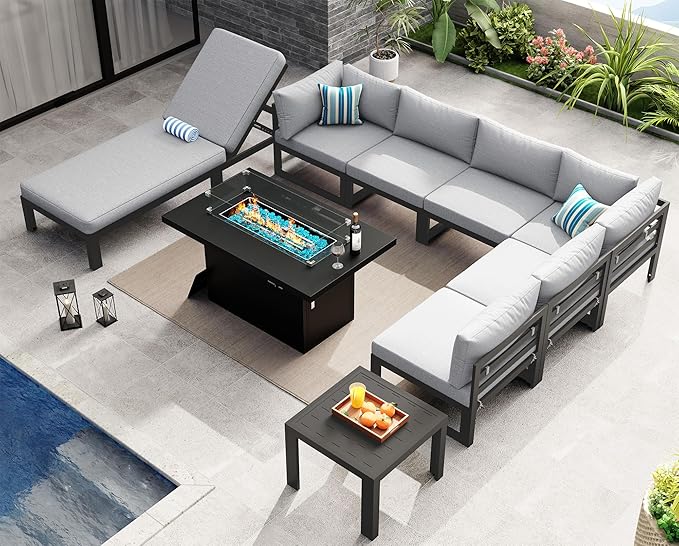 NICESOUL 9 Piece Large Modern Aluminum Outdoor Patio Furniture Set with Lounge & Fire Pit Table, 29" Wide Deep Seating, All Weather Sectional Sofa, 500 lbs Heavy Duty Deck Conversation Set, Light Gray