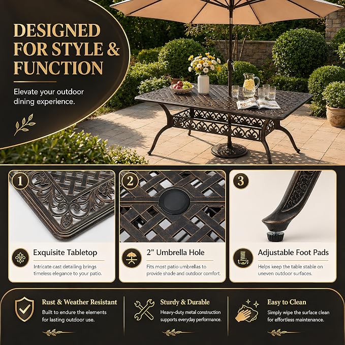 7 Piece Outdoor Dining Set Cast Aluminum, Retro Patio Dining Set for 6 Includes 59” Rectangular Table with Thicker Cushions and Umbrella Hole for Patio Deck Garden Porch