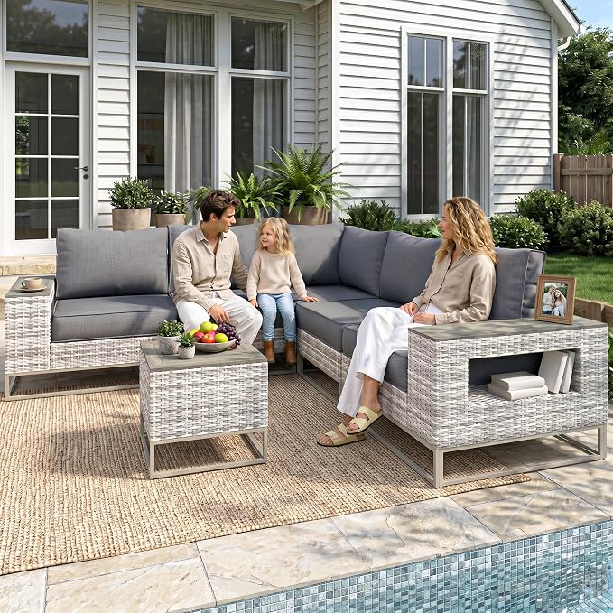 Outdoor Patio Furniture Set 6-Piece PE Rattan Wicker Outdoor Sectional Sofa with Thickened Cushions and Chunky Arms, Modern Modular L-Shaped Conversation Set for Garden, Backyard, Slate Grey