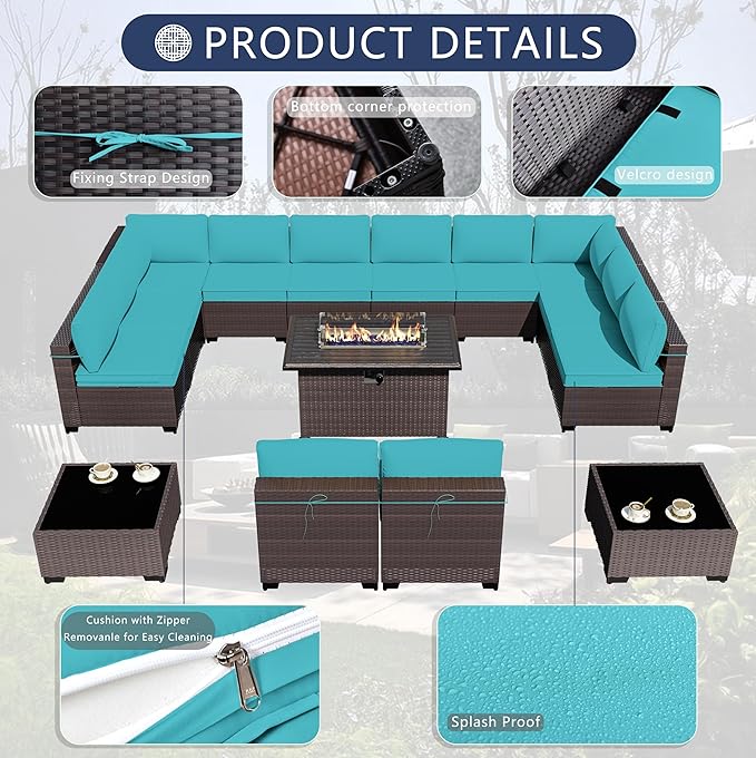 Outdoor Patio Furniture Set with Gas Fire Pit Table, 13 Pieces Outdoor Furniture Set Patio Sectional Sofa w/43in 55000 BTU Propane Fire Pit, PE Wicker Rattan Patio Conversation Sets - Teal