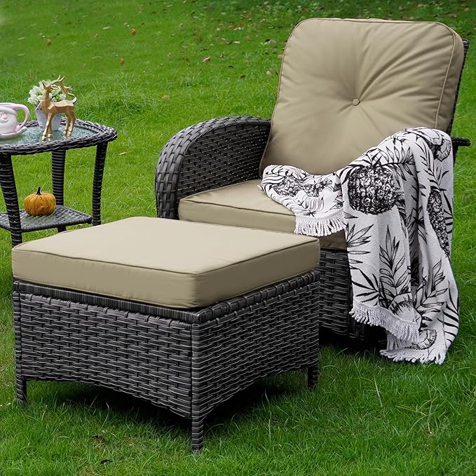 Patio Furniture Conversation Set with Ottomans, 5 Piece Wicker Patio Swivel Rocking Chairs with 360° Swivel Glider and Glass Coffee Table for Porch, Deck, Garden,Beige