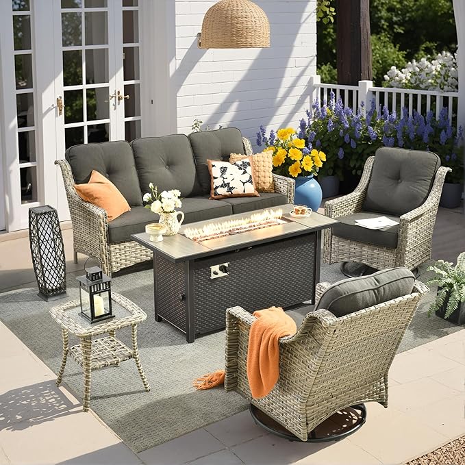 HOOOWOOO Patio Furniture Set,5 Pieces Wicker Outdoor Furniture,High Back Conversation Set with All Weather Resistant Fire Pit Table Couch Swivel Chairs,Black