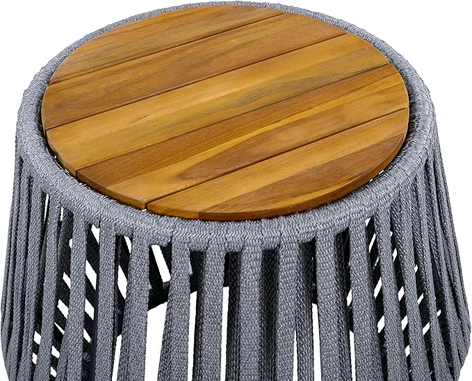 Outdoor Side End Table for Patio with Rope and Acacia Wood, Small Round Patio Table, Outside Boho Accent Table for Backyard Balcony Gazebo Party, Gray