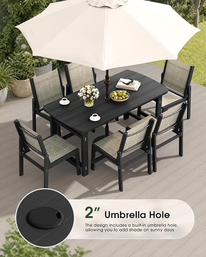 HDPE Outdoor Patio Dining Set with Table & 6 Stackable Armless Textilene Chairs, All-Weather 7-Piece Dining Table Set with Umbrella Hole, Patio Furniture for Garden, Poolside, Backyard, Deck | Black