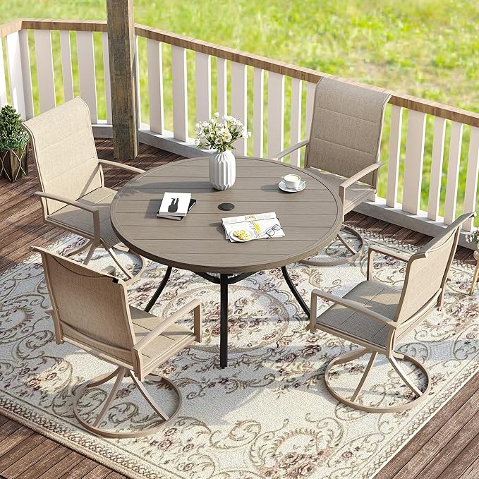 VICLLAX Patio Dining Set for 4, 5 Pieces Outdoor Furniture Set- 40.7" Round Outdoor Table and Swivel Padded Chairs, Grey Wood Grain Tabletop and Sandshell Fabric
