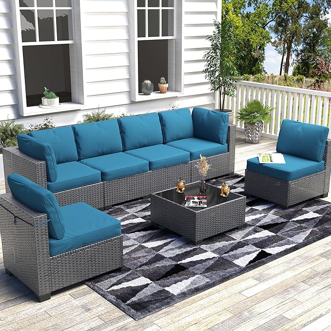 7 Piece Outdoor Patio Furniture Set, PE Rattan Conversation Sofa Set, Wicker Patio Set w/Thick Cushions & Glass Top Coffee Table, All-Weather Outside Furniture for Garden, Balcony, Porch(Dark Curry)