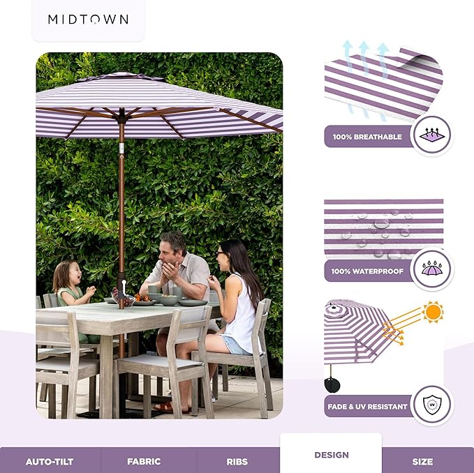 Midtown Umbrellas Wooden 2-8 Ft Patio Umbrella with 360° Swivel & Tilt Mechanism, 8 Fiberglass Ribs & Terylast Polyester Fabric for Deck, Pool, Garden & Porch - Midtown Stripes Canopy, Wooden Pole