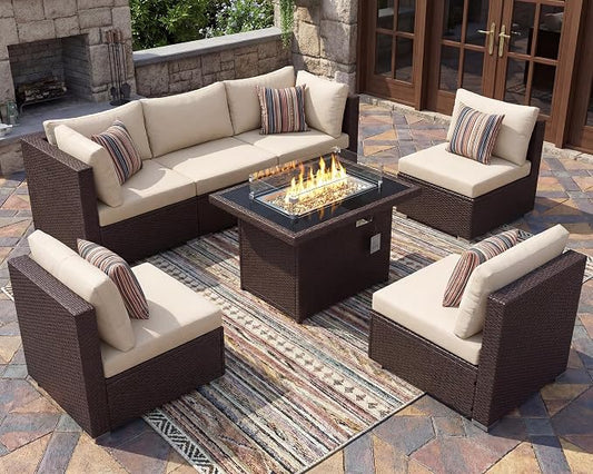BULEXYARD 7 Pcs High Back Patio Furniture Set with Fire Pit Table Propane/Natural Gas Dual Fuel, All-Weather Outdoor Sectional Couch, Comfy Backyard Seating for Exterior, Brown Wicker & Beige Cushion