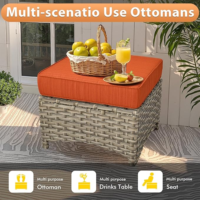 10 PCS Outdoor Patio Furniture Sets,Patio Conversation Sets Outside Rattan Soft Cushion Sofa with 4 Wicker Rocking Chairs&54 in Fire Pit Table Fit Backyard Garden Poolside Balcony,Coarse Stripes Red