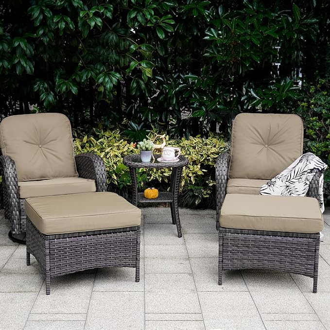 Patio Furniture Conversation Set with Ottomans, 5 Piece Wicker Patio Swivel Rocking Chairs with 360° Swivel Glider and Glass Coffee Table for Porch, Deck, Garden,Beige