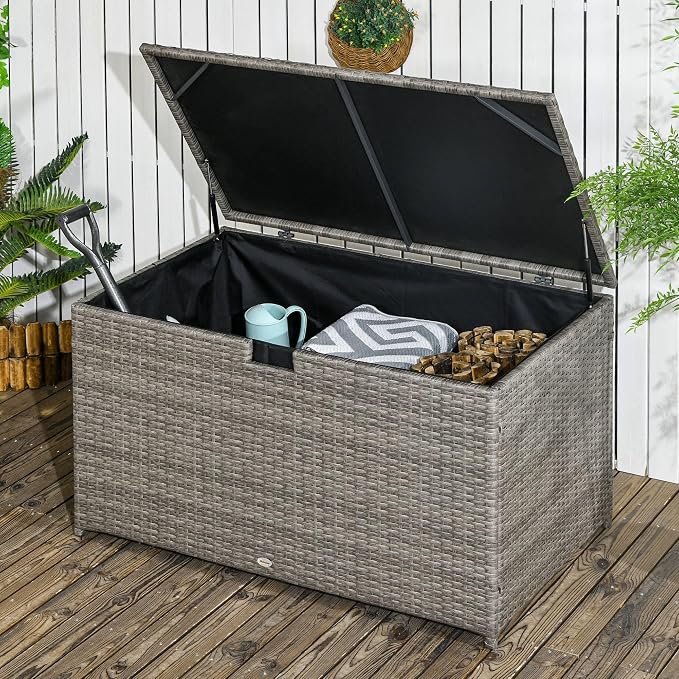 GOWE 113 Gallon Deck Box, Rattan Outdoor Storage Box, Waterproof Storage Container for Indoor, Patio Furniture Cushions, Pool Toys, Garden Tools, Gray