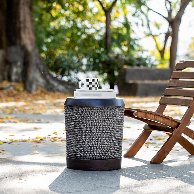 Outdoor Dark Brown Simulated Braided Cord MGO Side Table with Vintage Trim – Indoor Retro Cylindrical End Table for Home & Patio Decor (brown-27)