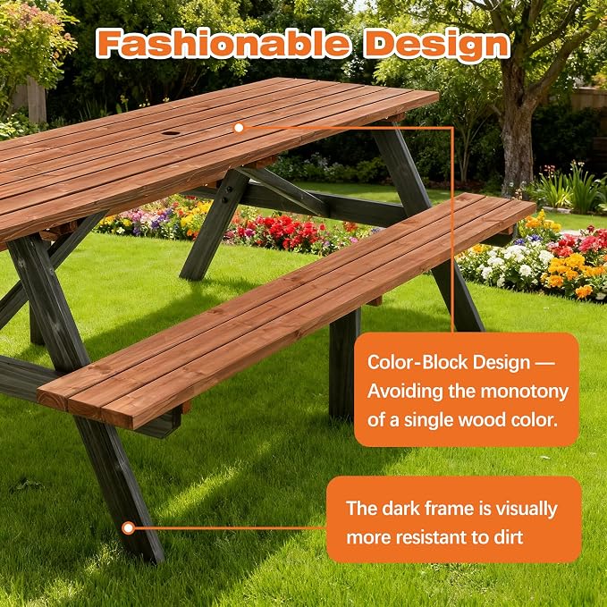 Hohuqeri Wood Picnic Table, 75” Tabletop with Umbrella Hole, 8 Person Outdoor Wooden Picnic Table Bench Set for Patio, BBQ, Dining