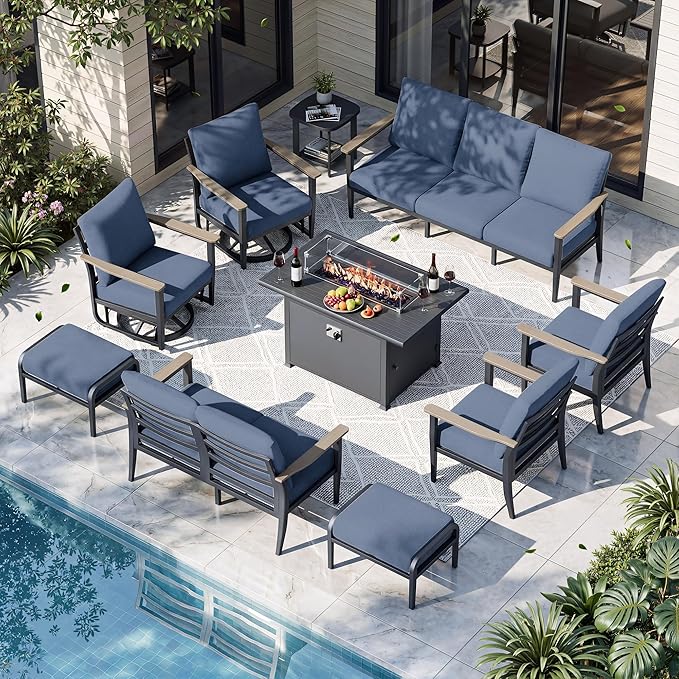 11-Seat Outdoor Patio Furniture Set with Rocking Swivel Chair, Aluminum Sectional Sofa with Ottomans Patio Conversation Set with 55,000 BTU Fire Pit Table & High Backrest, Navy Blue