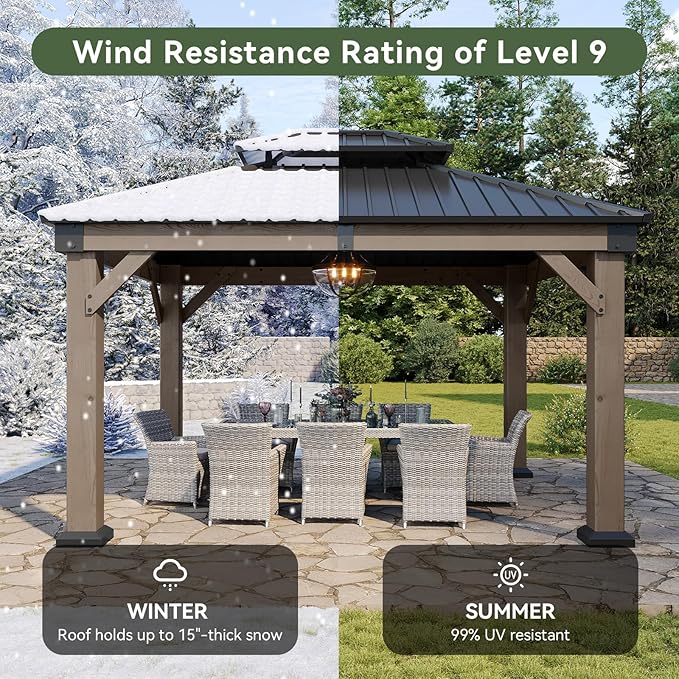 Aoxun 10' x 12' Outdoor Wood Gazebo, Hardtop Gazebo Permanent Wooden Pavilion with Galvanized Steel Double Roof, for Patio, Garden, Deck, Cedar Wood, Grey