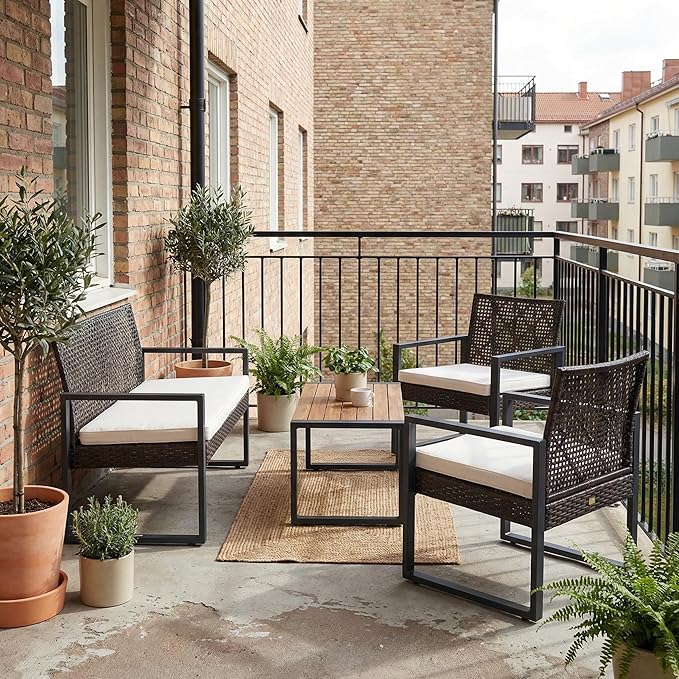 OVENTA Outdoor Patio Furniture Set, 4 Piece Rattan Chairs with Coffe Table for Backyard, Balcony, Deck, Front Porch, Patio Conversation Seating Sets for Outside, Juego Muebles de Exterior(Brown)