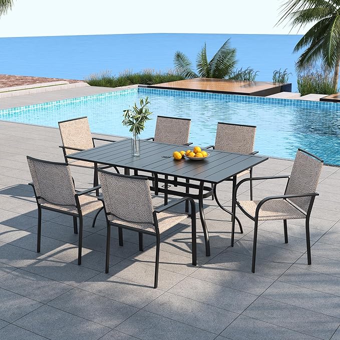 Anmutig 7-Piece Outdoor Patio Dining Set, 6 Stackable Patio Chairs & Rectangular Dining Table with All Weather Frame Furniture Set - 63" x 38" Beige Gray