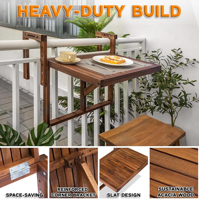 VICTORY RELAX Hanging Balcony Table - Foldable Acacia Wood Patio Table - Small Outdoor Workspace & Dining Table for Balcony Furniture - Temporary Workspace - Brown Color (27.2 x 23.6 x 17.5 Inches)