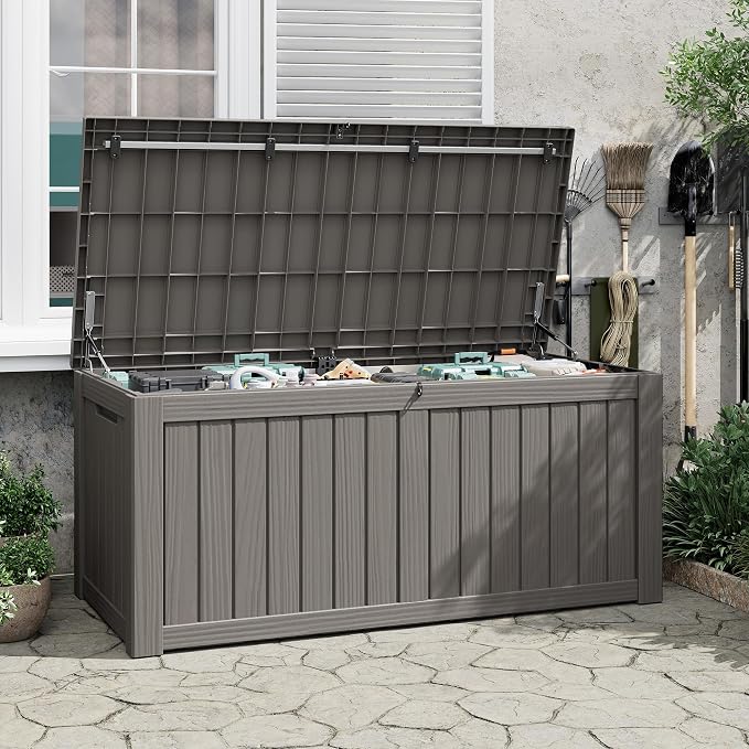 Outdoor Storage Box, 150 Gallon Deck Box with Lockable Lid, Waterproof Resin Storage Bin for Cushions, Garden Tools, Patio Furniture, Grey