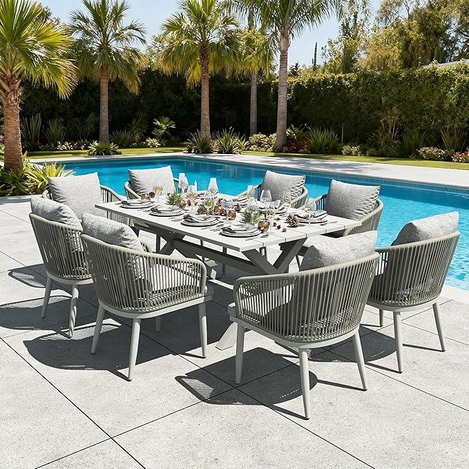 LayinSun 9 Pieces Outdoor Patio Dining Set, Aluminium Rectangular Dining Table and Wicker Rattan Chairs Set for Outside Backyard, Poolside