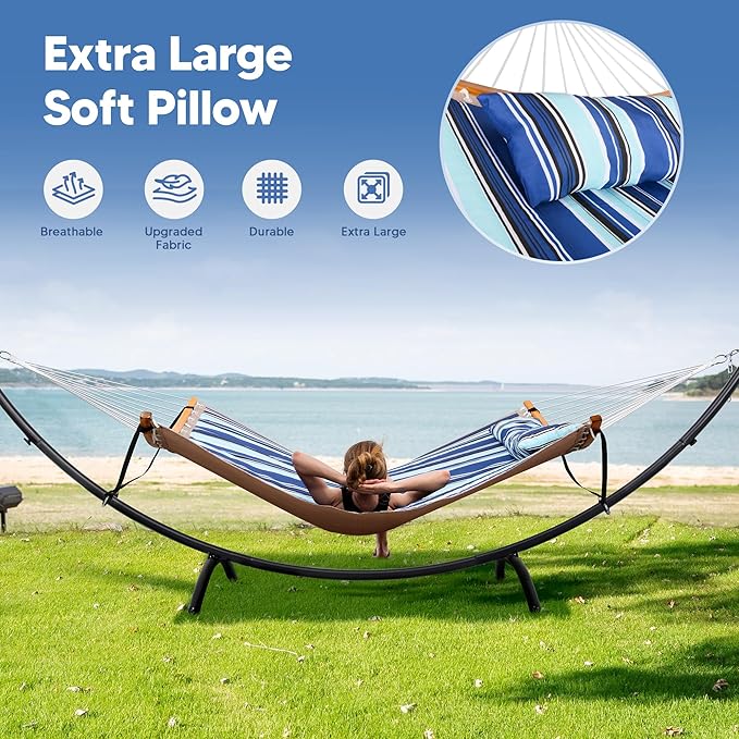 SUNCREAT Portable Outdoor Hammock with Stand, Double Hammock with Stand for Outside, Patent Pending, Blue & White