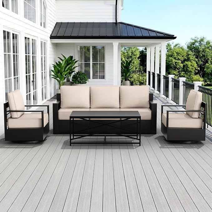 Outdoor Patio Furniture Set, 4-Piece Aluminum Patio Conversation Set All-Weather Metal Outdoor Sectional with 6 Inch Thick Cushions, Deep Setting for Garden, Outside and Porch, Beige