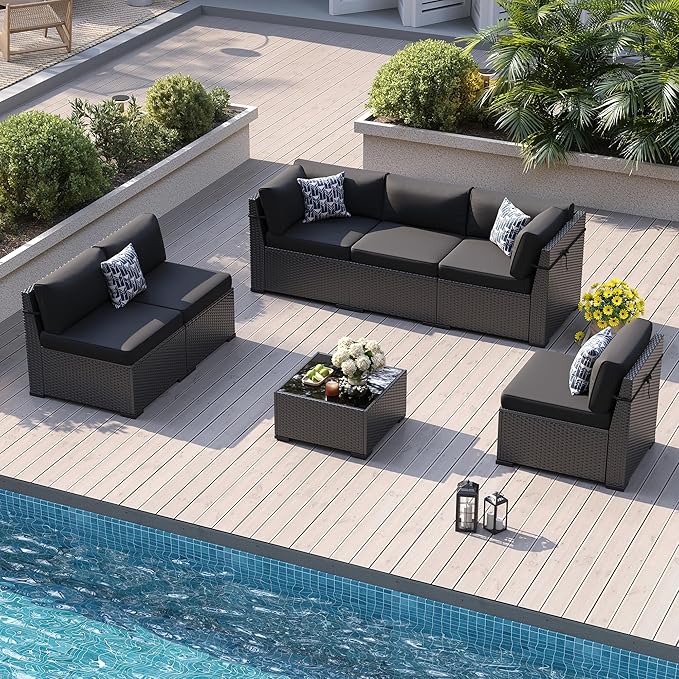 Patio Furniture Sets, 7-Piece Outdoor Patio Furniture with Thick Cushions,Coffee Table Outdoor All-Weather Conversation Set Sectional Sofa for Backyard, Poolside, Garden(Black)