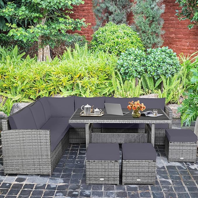 HAPPYGRILL 7 Pieces Rattan Wicker Patio Conversation Set, Outdoor Patio Furniture Set with Cushions, Rattan Sofa Set with Dining Table & Ottomans for Poolside Backyard Balcony Garden (Grey)