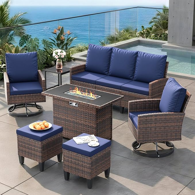 Amopatio Patio Furniture Set with Fire Pit Table,7 Pieces Conversation Set with 360°Swivel Chairs, All Weather Wicker Outdoor Furniture for Backyard Garden Pool Deck,Blue