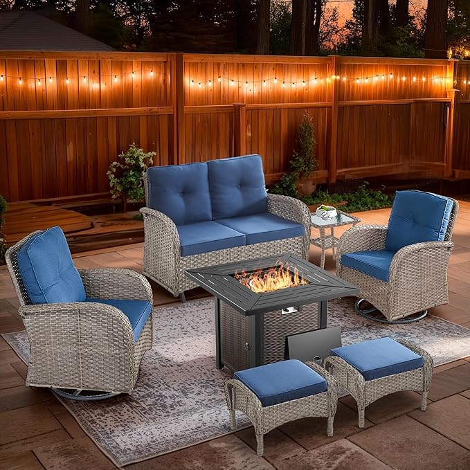 7 Piece Patio Furniture Set with Fire Pit Table - Wicker Patio Conversation Set with Swivel Glider, Glider Loveseat, Side Table and 2 Ottomans for Deck Backyard - Grey Wicker Blue Cushion
