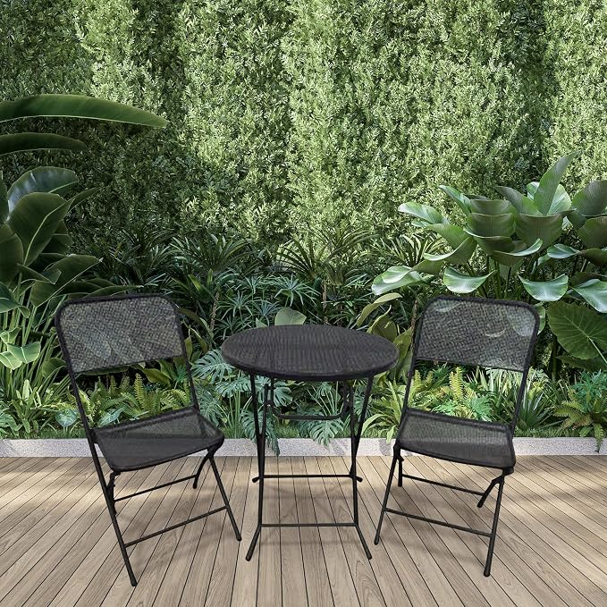 Four Seasons Courtyard Padova 3 Piece Bistro Outdoor Backyard Dining Set with 2 Folding Chairs and Round Table Furniture for Patios or Decks, Black