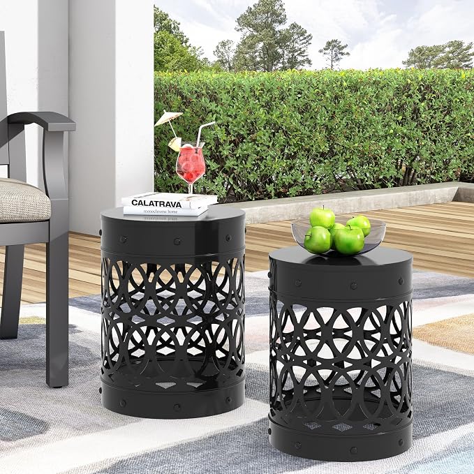 Set of 2 Round Metal Patio Side Tables Steel Accent End Tables with Geometric Circle Cut-Outs Weather Resistant Small Outdoor Furniture for Deck Pool Yard Balcony No Assembly,Black
