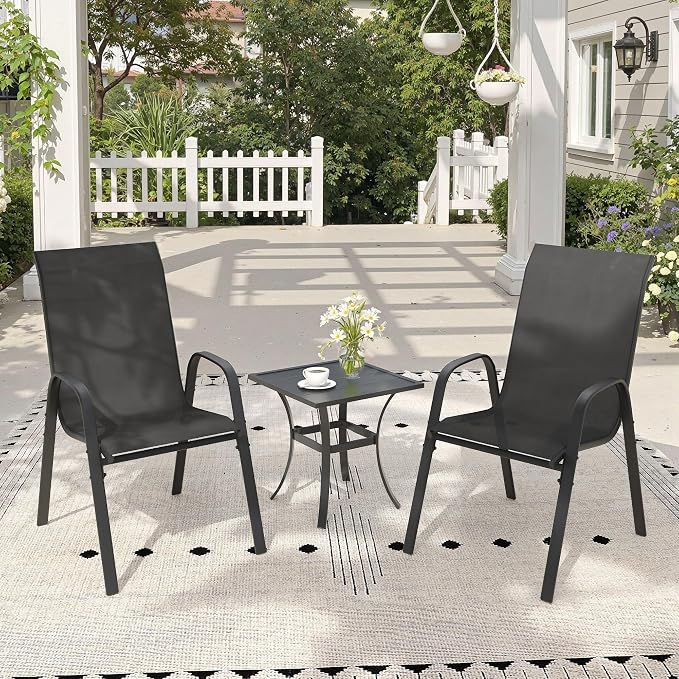 3 Pieces Small Outdoor Dining Set, 18.1" Square Outdoor Side Table & Stackable Patio Dining Chairs, Patio Table and Chairs Set for Deck Garden Porch, Black Chairs & Black Table