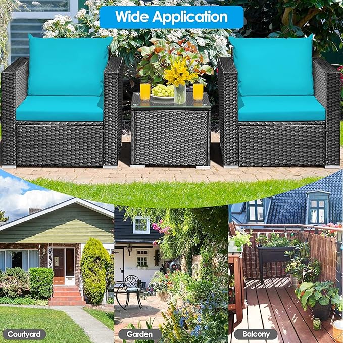 HAPPYGRILL 3 Pieces Rattan Patio Conversation Set, PE Wicker Patio Furniture Set with Coffee Table and Cushions, Outdoor Sofa Set for Garden Balcony Porch Poolside