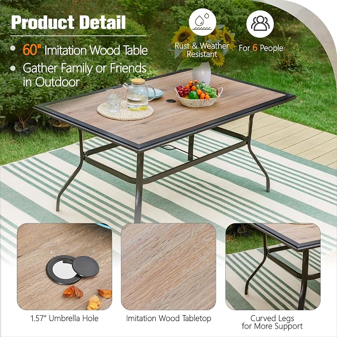 Sophia & William 7 Pieces Patio Dining Set with 13 ft Beige Double-Sided Umbrella, Outdoor Rattan Chairs & Metal and PVC Table Set with Cushion and 1.57" Umbrella Hole for Terrace Backyard Porch