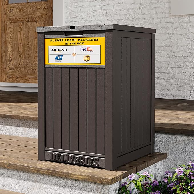 Package Delivery Box for Outside With Sign, Lockable Outdoor Storage Box Waterproof Deck Box, Large Double Wall Resin Parcel Drop Boxes, 48 Gallon, Classic Brown