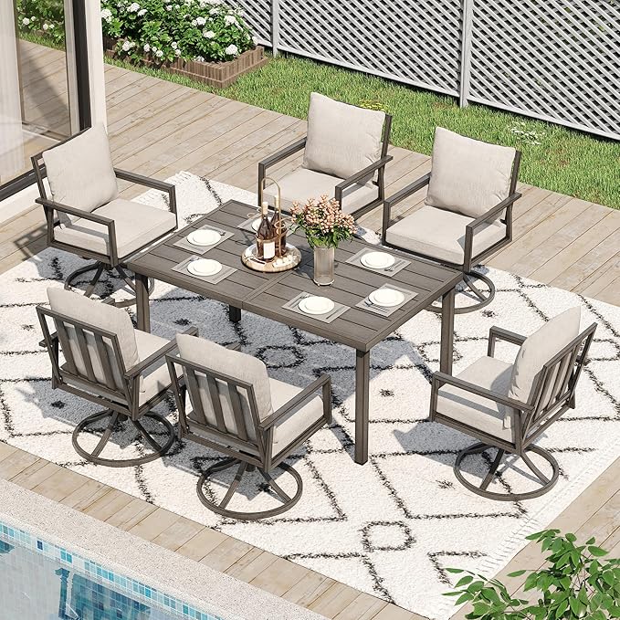 HAPPATIO Outdoor Dining Table for 6, 60" Rectangular Aluminum Patio Tabletop with Umbrella Hole, Rustproof Aluminum Frame for Poolside Lawn Garden