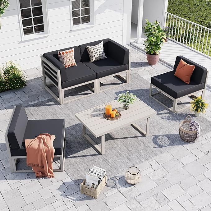 UDPATIO Aluminum Patio Furniture Set, Modular Oversized Outdoor Sectional of Olefin 5 inch Thick Cushion, Coffee Table and Waterproof Cover, Patio Conversation Sets for Porch, Deck