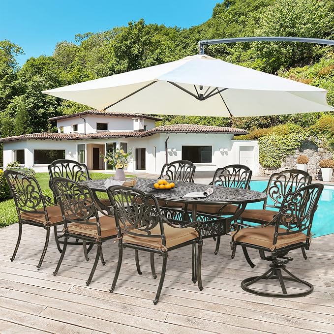 9-Piece Patio Dining Set, Outdoor Patio Table and Chair Set of 84” Oval Cast Aluminum Dining Table with Umbrella Hole, 6 Stationary, 2 Swivel Rocker Chairs, Patio Funiture Set for Backyard
